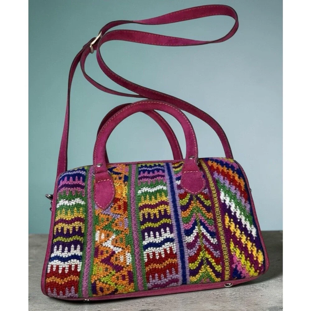 Meda Guatemala Huipil Embroidered Handbag Crossbody Purse Suede Leather Boho - Picture 2 of 14